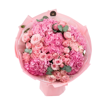 Bouquet misto con ortensie, rose spray ed eucalipto 01 фото