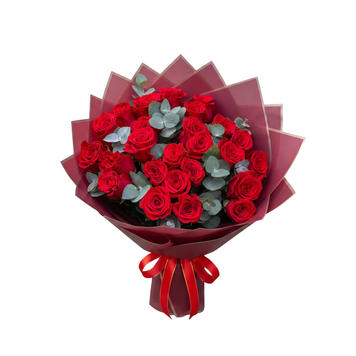 Bouquet di 25 rose da 50 cm con eucalipto 062 фото