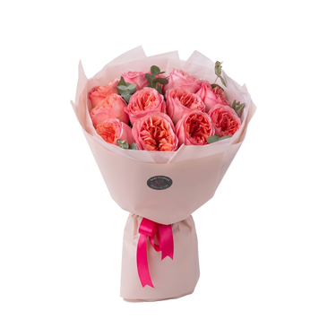 Bouquet di 11 rose inglesi Pink Expression da 50 cm con eucalipto 013 фото