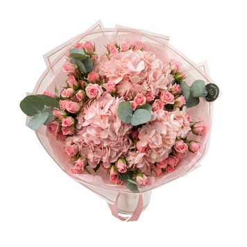 Bouquet con 3 ortensie, 15 rose spray ed eucalipto 029 фото