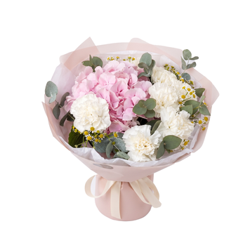 Bouquet misto con ortensia rosa e garofani bianchi 083 фото